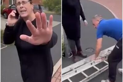 Moment furious woman rows with men putting up Union flags on the street before shoving their ladder to the floor