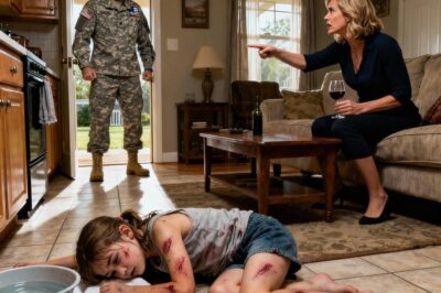 The little girl was on her knees, her small hands red and aching. Her stepmother yelled, “Clean it properly! If you can’t, then you don’t get to eat!” Eventually, the child collapsed from exhaustion, struggling to breathe. The door suddenly swung open. Her father— a soldier—returned home earlier than planned. He froze at the scene, then thundered, “My daughter… who did this to her?!” The stepmother’s face drained of color, while the girl whispered, “Daddy… it hurts…” And the father’s anger erupted