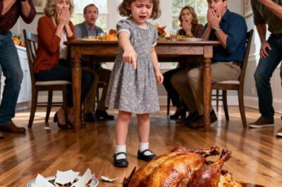 During Thanksgiving dinner, my five-year-old daughter suddenly shouted, ran to the table, and tossed the whole turkey onto the floor. Everyone went silent. I crouched down and asked as gently as I could, “Sweetheart, why did you do that?” She caught her breath, raising her hands triumphantly. “Because I saved all of you!” No one knew what she meant… not until she whispered something that froze the entire room.